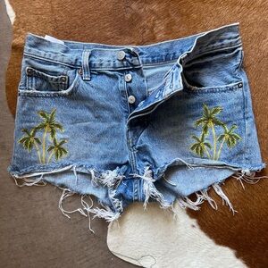 Levi's 501 Blue Distressed Jean Shorts with Palm Tree Embroidery